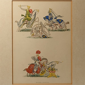 Framed Original Coloured Book Plate with Knights Fighting