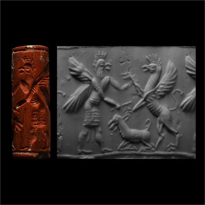 Assyrian Red Jasper Cylinder Seal with Contest Scene