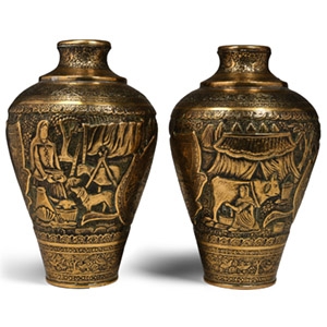 Qajar Hammered Brass Vessel Pair
