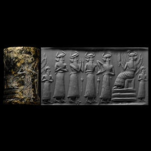 Akkadian Black Stone Cylinder Seal of the Sun God Shamash