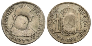Reproduction of George III Countermarked AR Two Reales of Charles III.