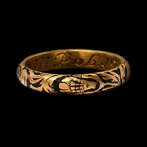 George I Engraved Gold Memento Mori Skull Ring with Black Enamel