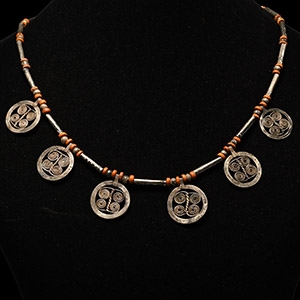 Elamite Carnelian Necklace with Silver Spiral Pendants