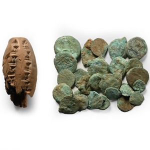 Western Asiatic Fragmentary Cuneiform Barrel with Coin Group