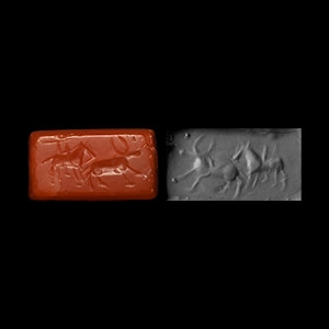 Syrian Prismatic Carnelian Scaraboid Seal with Bull