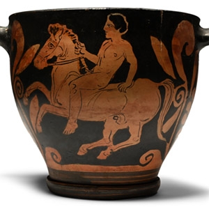 Lucanian Red-Figure Skyphos with Naked Warrior Rider