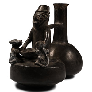 Peruvian Lambayque Painted Pottery Stirrup Jar with Figures