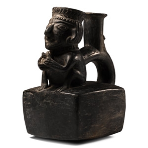 Moche Painted Pottery Stirrup Jar with Crouching Figure