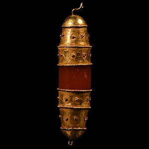 Early Parthian Carnelian Bead with Gold End Caps