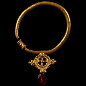 Byzantine Gold Earring with Cross and Garnet