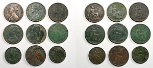 Group of Nine [9] Great Britain, Victoria CU Pennies and Halfpennies.