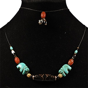 Agate and Glass Bead Necklace String with Elephant Amulets