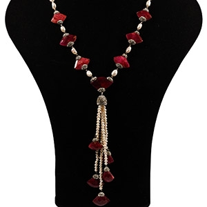 Ruby-Coloured Stone and Pearl Bead Necklace