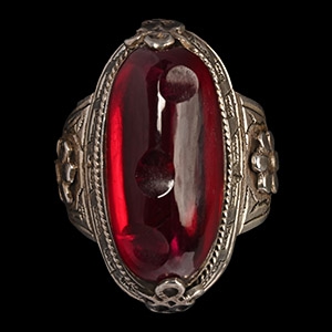 Large Silver-Coloured Metal Ring with Crimson Cabochon