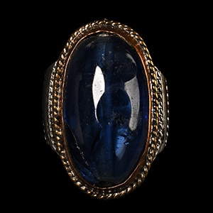 Large Silver-Coloured Metal Ring with Blue Glass Cabochon