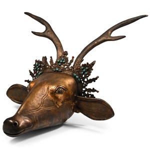Life-Size Tibetan Bronze Jewelled Head of a Stag