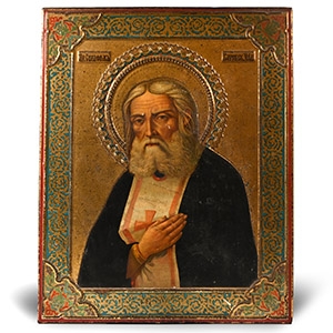 Russian Orthodox Gilt Icon with Saint Seraphim