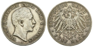 Germany. Preussen, Wilhelm II AR 5 Mark.