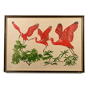 Framed Scarlet Ibis in Flight on Linen