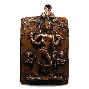 Indian Sacred Copper Plaque with Hindu God and Attendants
