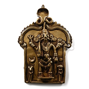 Indian Sacred Copper-Alloy Plaque with Hindu God and Attendants