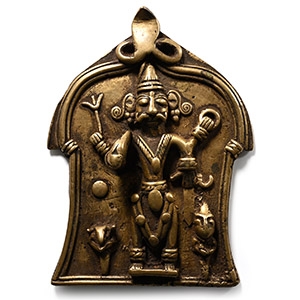 Indian Sacred Copper-alloy Plaque with Hindu God and Attendants