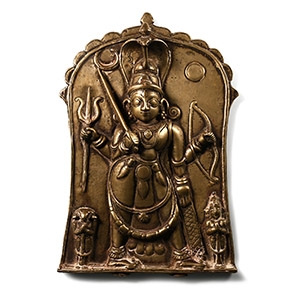 Indian Sacred Copper-alloy Plaque with Hindu God and Attendants