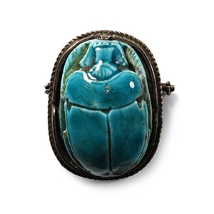 Egyptian Style Faience Scarab in Silver Brooch