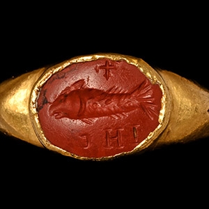 Roman Gold Ring with IHS and Fish Gemstone