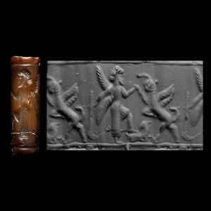 Mesopotamian Stone Cylinder Seal with Gryphon and God