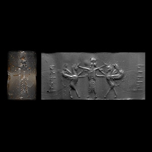 Mesopotamian Banded Agate Cylinder Seal with Gryphons and God