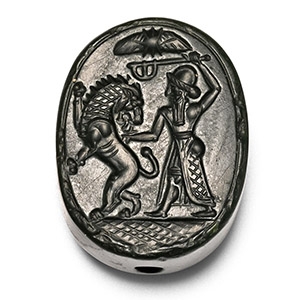 Western Asiatic Green Jasper Scaraboid with Combat Scene