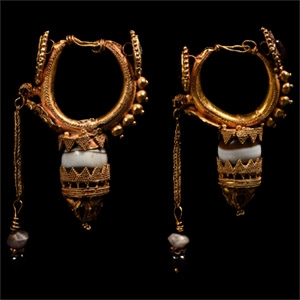 Large Eastern Hellenistic Gold Earring Pair with Garnets