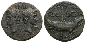 Augustus and Agrippa AE Dupondius of Nemausus, Gaul.