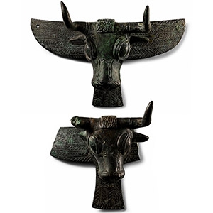 Urartu Bull-Headed Bronze Cauldron Applique Pair
