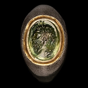 Roman Aquamarine Gemstone with Portrait of Emperor Septimius Severus in Silver and Gold Ring
