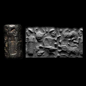 Western Asiatic Black Stone Cylinder Seal with Figural Scene