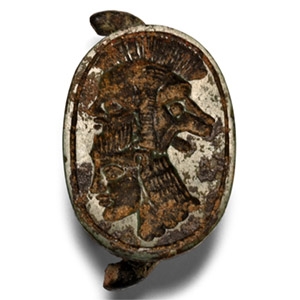 Phoenician Green Stone Scarab with Three-Headed Gryllos