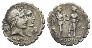 Q. Fufius Kalenus and Mucius Cordus AR Serrate Denarius.