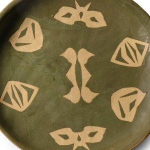 Abstract Green and Buff Glazed Dish