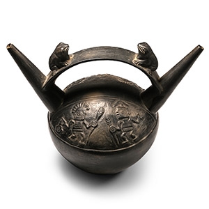 Pre Columbian Black Ware Stirrup-Spout Vessel with Frogs and Warriors