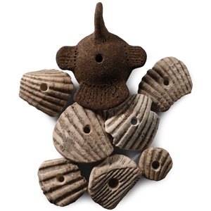 Pre Columbian Ceramic Bird Rattle and Shell Pendant Group