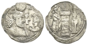 Sasanian Kingdom. Bahram II, with Queen and Prince 4 AR Drachm.
