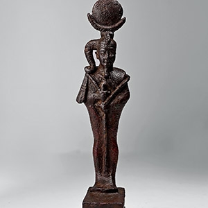 Egyptian Bronze Khonsu Statuette with Silver Eyes