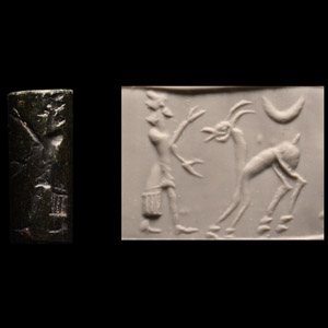 Iranian Black Stone Cylinder Seal with Figure Dressed in Robes