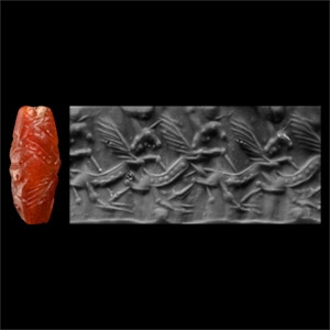 Neo-Babylonian Carnelian Cylinder Seal with Two Winged Quadrupeds