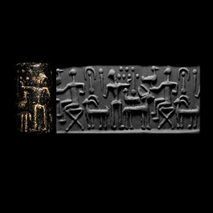 Anatolian Black Stone Cylinder Seal with Seated Deity