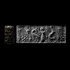 Anatolian Black Stone Cylinder Seal with Standing Hunter