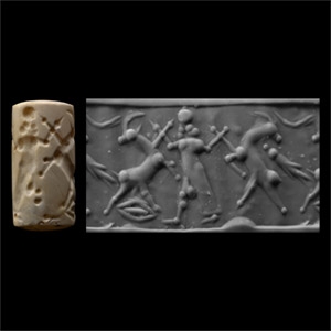Late Assyrian Chalcedony Cylinder Seal with Standing Deity