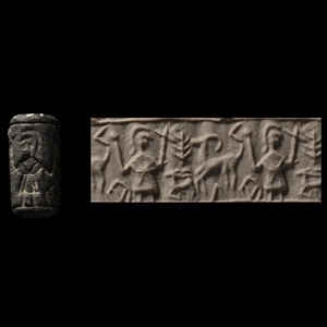 Anatolian Black Stone Cylinder Seal with Standing Figure